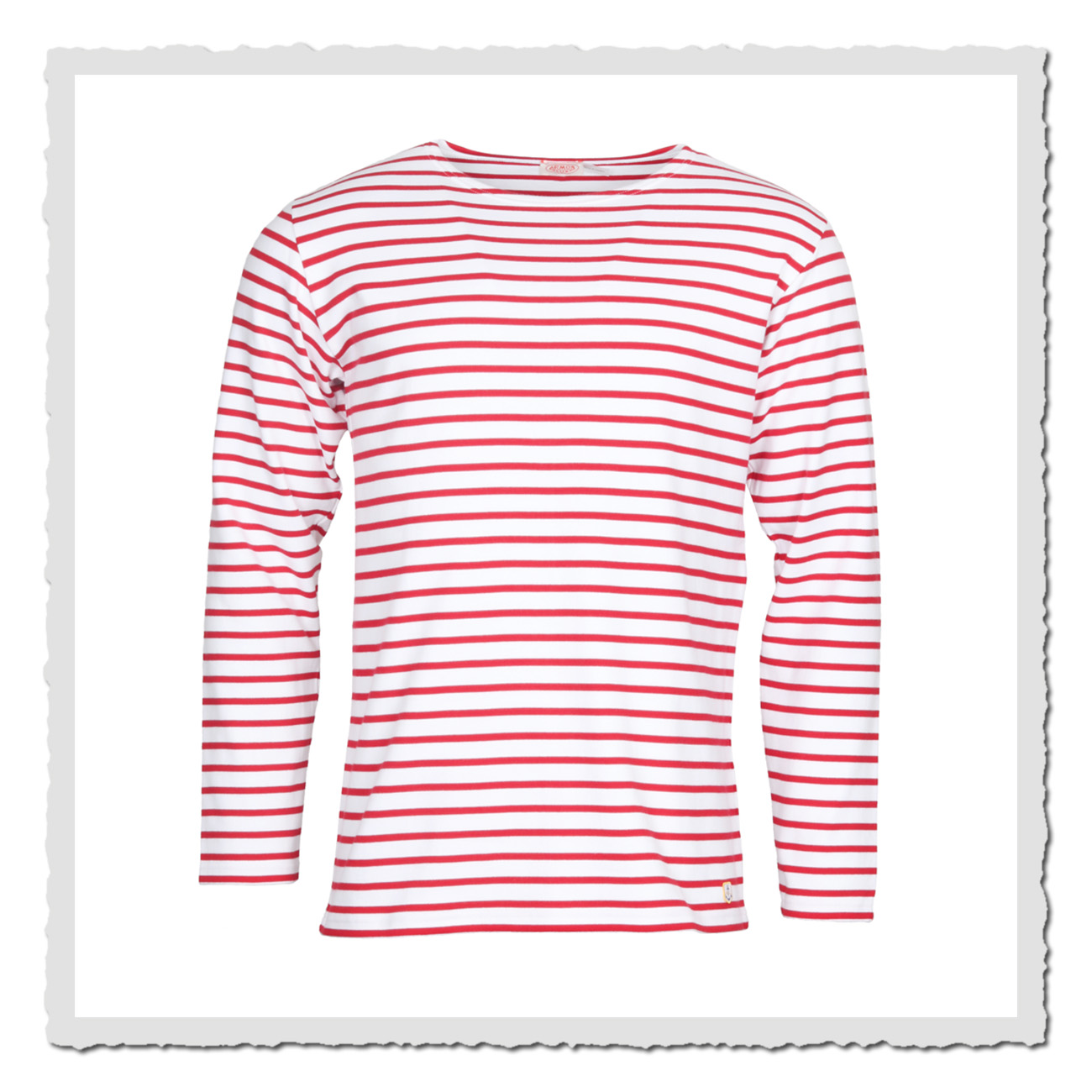 Herren-Matrosenshirt von Armor Lux in Weiß-Rot mit schmalen Streifen, langen Ärmeln und kleinem Heritage-Anker am Saum vorne.